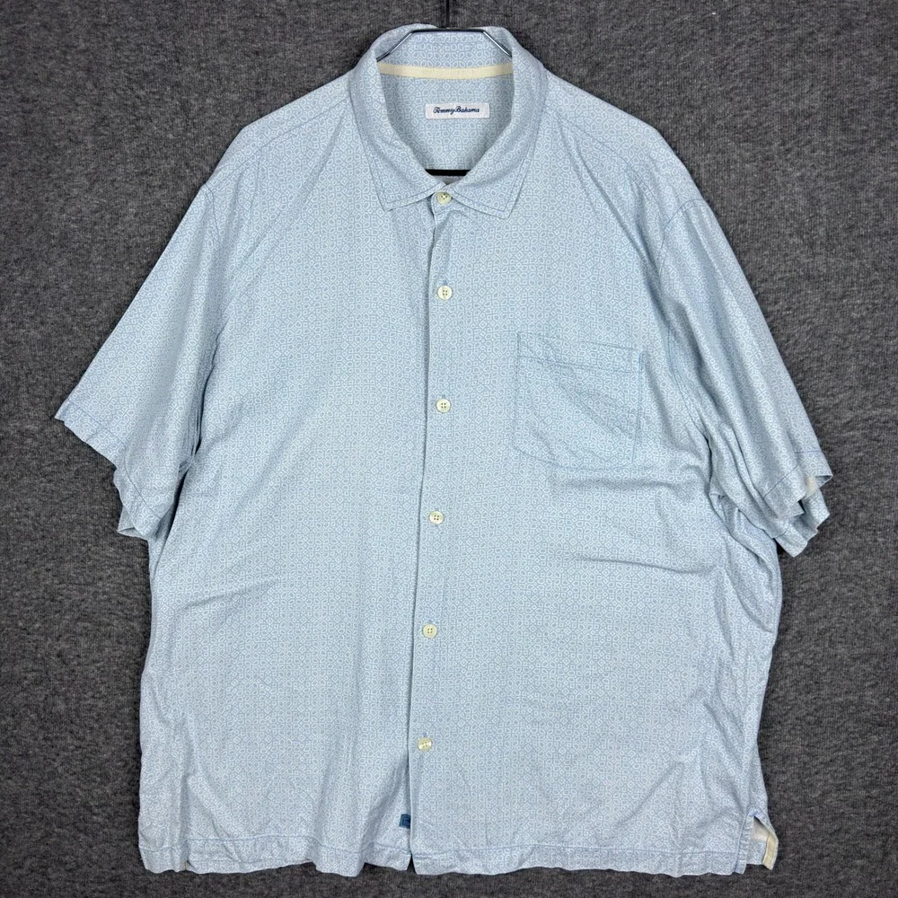 Tommy Bahama Hawaiian Shirt Mens‎ XXL Blue Silk Short Sleeve Button Geometric